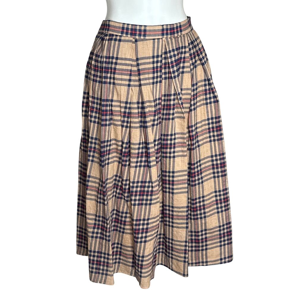 Unique Vintage Beige Plaid Mini Skirt with Navy & Red Accents